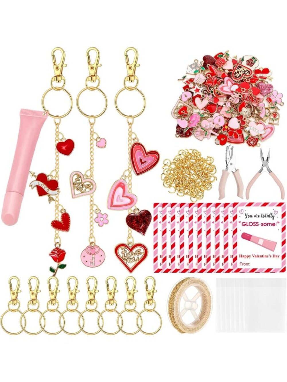 Valentine's Lip Gloss Keychain Kit - 300 Pcs, Pink Charms, Gold Chains & Cards